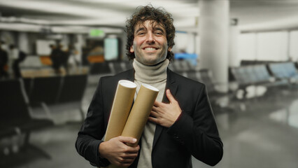 Young man holding document tubes indoors at an airport terminal smiling confidently at the camera in casual attire reflecting modern professional travel ambiance.