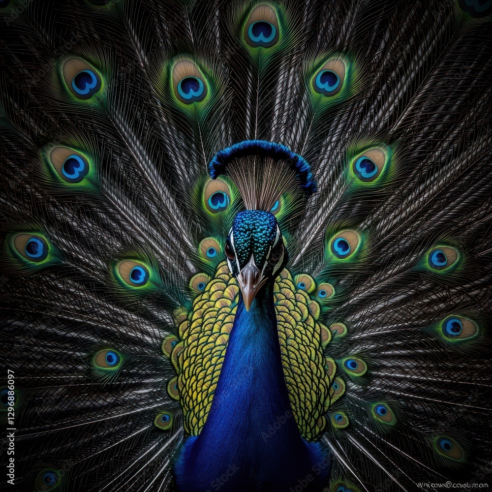 Poster majestic peafowl displaying vibrant feathers with beautiful patterns and striking colors in a natura