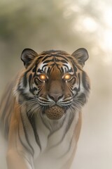 Fototapeta premium Majestic tiger emerges through mist, showcasing fierce gaze and