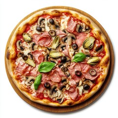 Vibrant 8K topdown view of Pizza Capricciosa