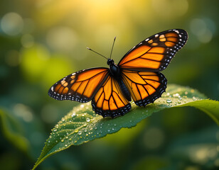 Fototapeta premium A Butterfly Resting on a Dewy Leaf