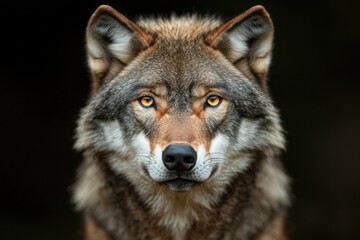 Obraz premium Majestic wolf gazes intensely, showcasing detailed fur and pierc