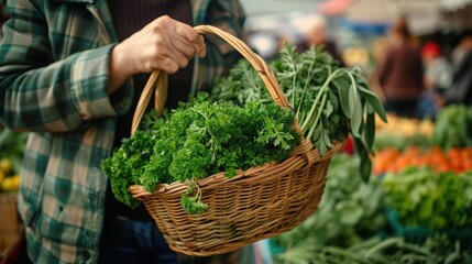 Freshly Harvested Greens in Woven Basket at Local Market