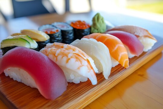 A sushi platter with assorted nigiri and sashimi, served on a wooden board with wasabi and soy sauce
