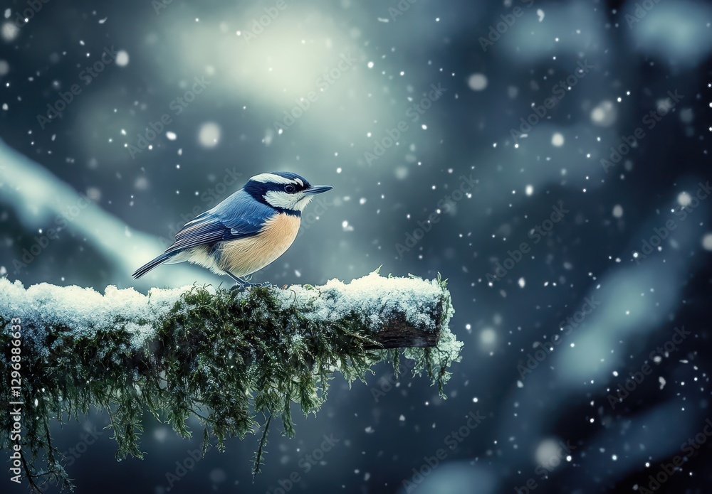 Poster detailed close-up of a colorful bird perched on a snowy branch with gentle snowflakes falling in a s