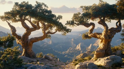 Fototapeta premium Serene Trees in Mountain Terrain at Sunset