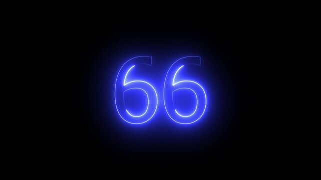 neon number 66 with particles and alpha channel, the number appears from neon particles, neon number sixty-six.Abstract glowing neon text 66 number countdown icon.