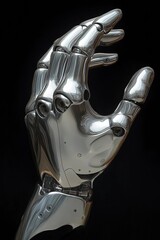 Highly detailed robotic hand with a sleek chrome finish and intricate mechanical joints, representing advanced cybernetic technology and futuristic innovation
