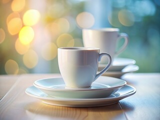 Fototapeta premium Tilt-Shift Photo: Stacked White Plates & Mug - Minimalist Tabletop Still Life