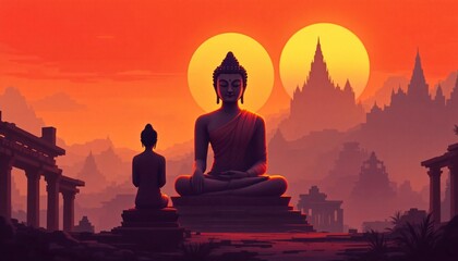 Silhouetted Buddha statue and person against a vibrant sunset with ancient ruins