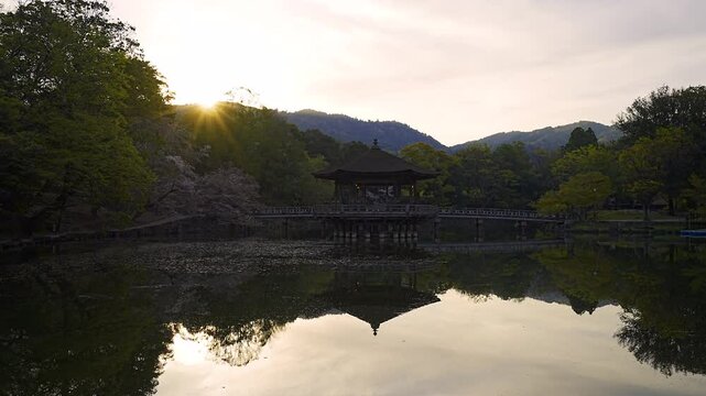 Sunrise view Time lapse - Early morning at Sagiike and Ukimido pavilion in Nara Park