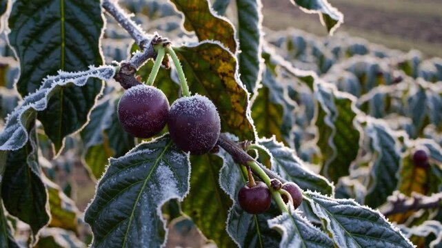 close-up of coffee beans on a tree, with frost or dew covering the leaves and beans, set against a farming backdrop