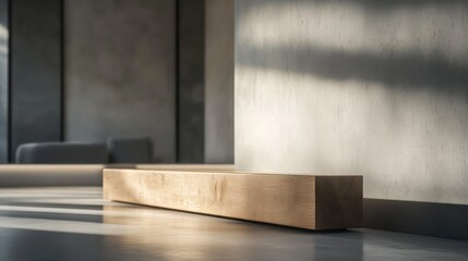 A wooden rectangular bench sits against a textured wall indoors