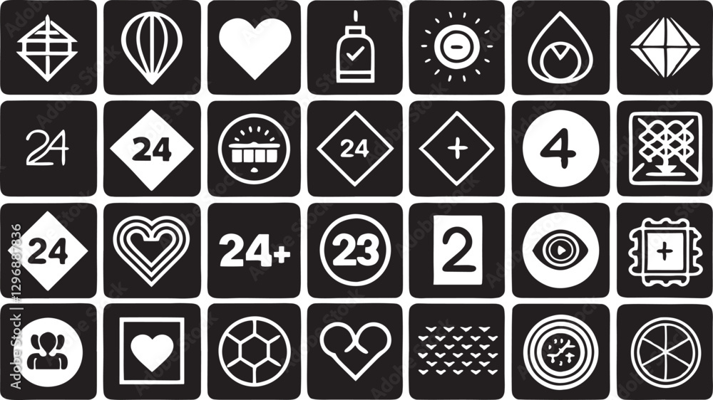 Poster black and white vector icon set with symbols for web and design