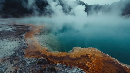 Serene Geothermal Landscape with Vibrant Colors and Misty Atmosphere Over Radiant Blue Water Body