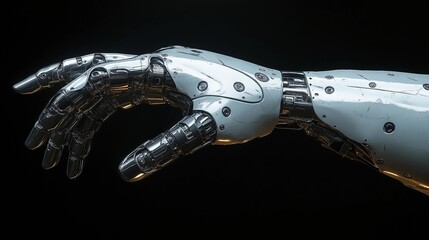 Futuristic robotic arm with a sleek metallic design, intricate mechanical joints, and a worn cybernetic exoskeleton, symbolizing advanced AI and cybernetics
