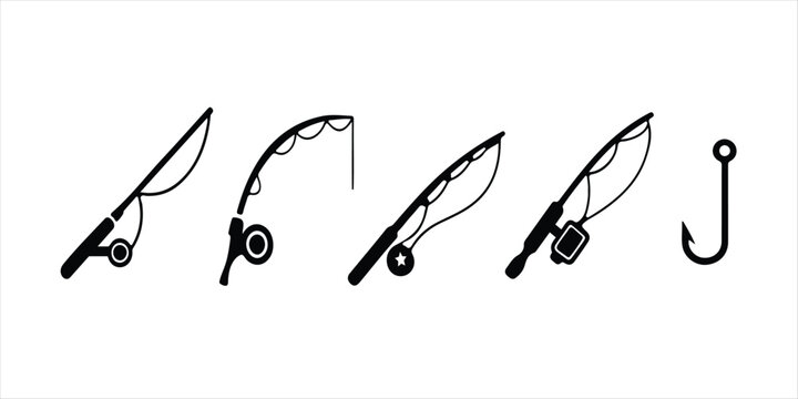 Fishing rod hand drawn illustration on white background. Fishing rod vector set. fishing gear.