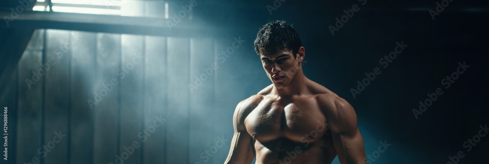 Poster muscular man training in gym spotlight during intense workout session in the evening hours. generati
