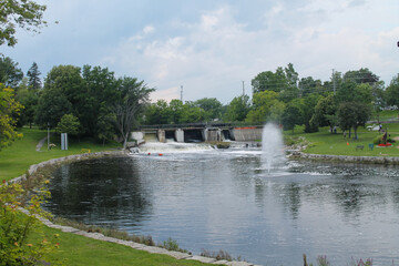 Scenic view of the small dam and water control structure in Gananoque