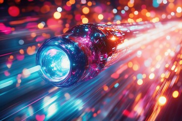 Futuristic high-speed data stream concept with a glowing fiber optic cable transmitting vibrant digital signals in a cyberpunk aesthetic
