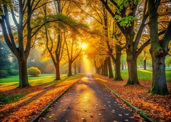 Naklejka premium Tranquil Dawn Park Path: Golden Leaves & Soft Sunlight Stock Photo