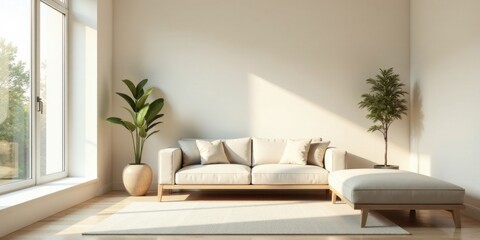 Fototapeta premium Serene Living Room with Sunlight Streaming Through a Window and Soft Furnishings