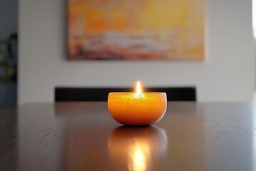 A glowing candle sits upon a reflective wooden surface