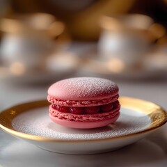 Elegant French dessert: raspberry macaron with a glossy finish, served on a white porcelain plate with gold accents, delicate dusting of powdered sugar.