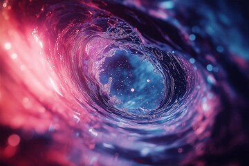A mesmerizing vortex of water illuminated by neon pink and blue lights, creating a futuristic and surreal underwater effect