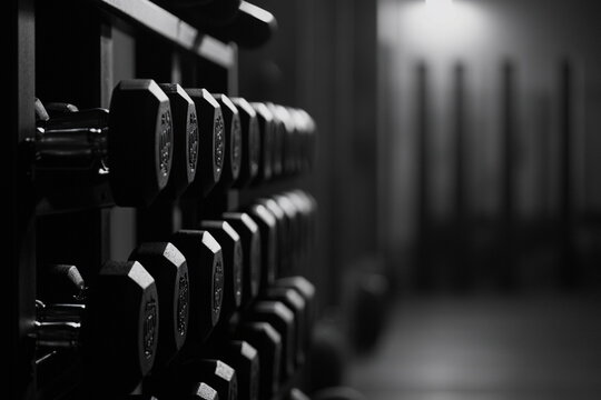 A row of iron dumbbells in a well-lit gym, with a blurred background highlighting the depth and focus of a dedicated workout session.
