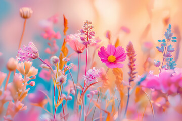 Soft-Focus Wildflowers in Pastel Colors, Dreamy and Romantic Floral Scene