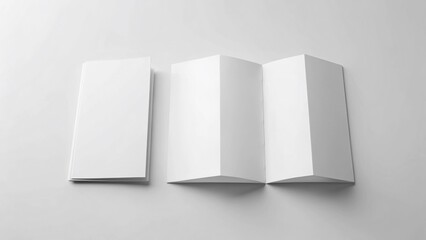 Trifold Brochure Mockup: Blank White Booklet, Opened & Closed, Top View, 3D Render