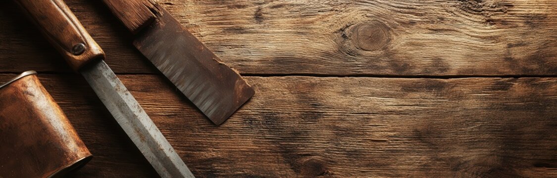 A collection of various tools is sitting on top of a wooden table