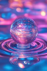 A glowing glass sphere resting on a rippling surface, reflecting vibrant neon colors in a dreamy and futuristic setting