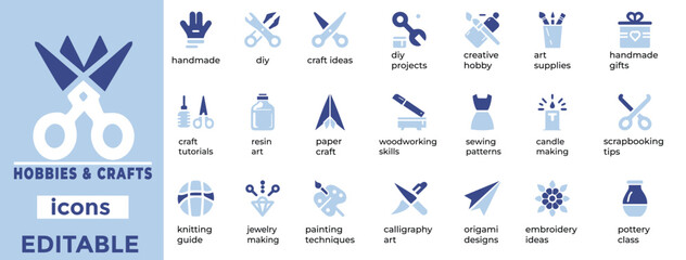 Creative hobbies and crafts vector icons for DIY, arts, sewing, knitting, and handmade projects. Perfect for web and print
