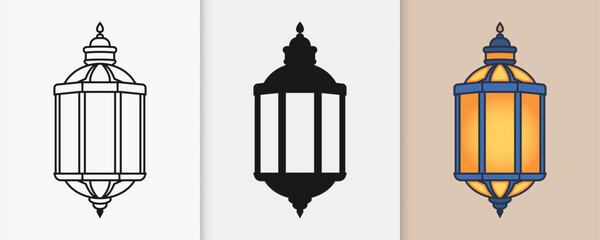 Islamic lantern outline and silhouette icon set with isolated flat vector illustration for eid celebration © Mgain