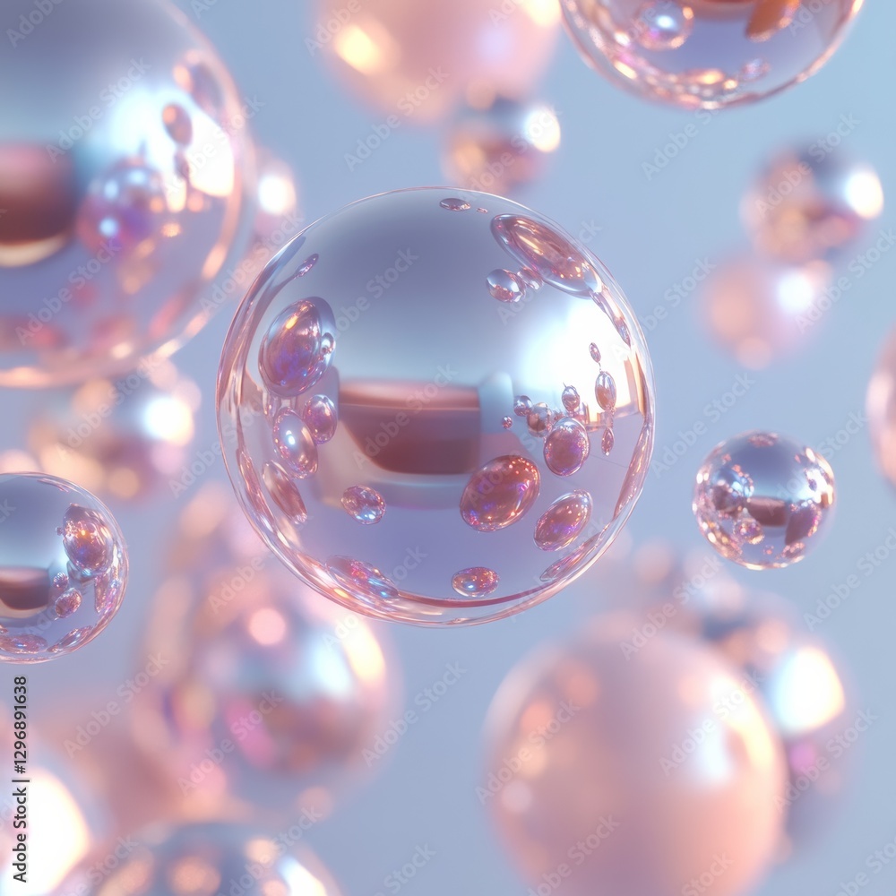 Poster Abstract Iridescent Spheres Floating on a Soft Pastel Background, Reflecting Light and Creating a Dreamy Atmosphere