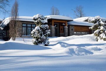 Modern house with evergreen trees buried in snow after intense snowstorms in Barrie Ontario suburb 2025