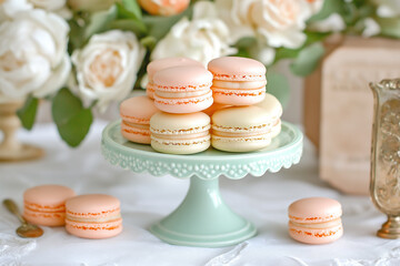 Fototapeta premium Delicate macarons elegantly displayed on a mint green stand surrounded by soft floral decorations