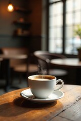 Warm Coffee in a Cozy Cafe Setting with Soft Sunlight Streaming Through a Window