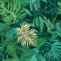 A lush arrangement of green tropical leaves creates a vibrant, lively seamless pattern. Seamless pattern