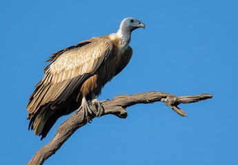 Obraz premium Majestic Vulture Perched on Branch Against Clear Blue Sky, Showcasing Unique Feather Patterns and Serene Nature Scene
