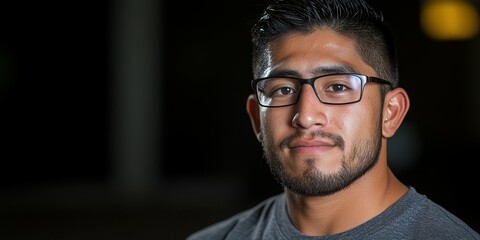 Obraz premium A young man with a beard and glasses stands confidently against a blurred background, highlighting his determined expression in the evening light