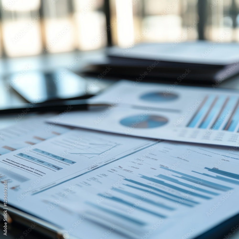 Aufkleber analyzing business data: charts, graphs, and reports on a desk with a pen and tablet