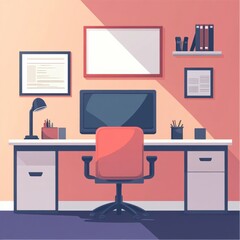 A Minimalist Home Office Setup with Desk, Computer, Chair and Framed Artwork, Creating a Clean and Inspiring Workspace