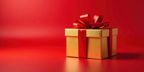 A Golden Gift Box with a Red Ribbon on a Red Background, Perfect for Festive Celebrations and Special Occasions