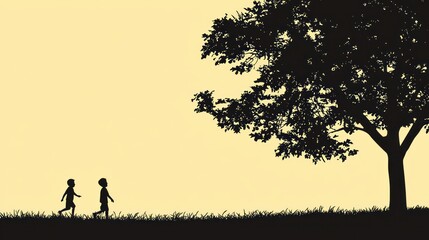 Children silhouettes walking in grass near tree, peaceful scene, illustration, stock photo