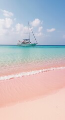 Obraz premium Pink Sands Beach and Yacht: A Tropical Paradise