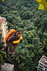 Monkey parachuting with a banana, amidst tropical foliage and urban buildings. Adventure and whimsy.