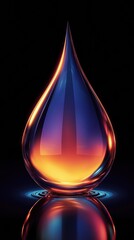 A luminous droplet with a gradient of blue and orange hues, reflecting ambient light against a dark background, creating a futuristic and surreal atmosphere
